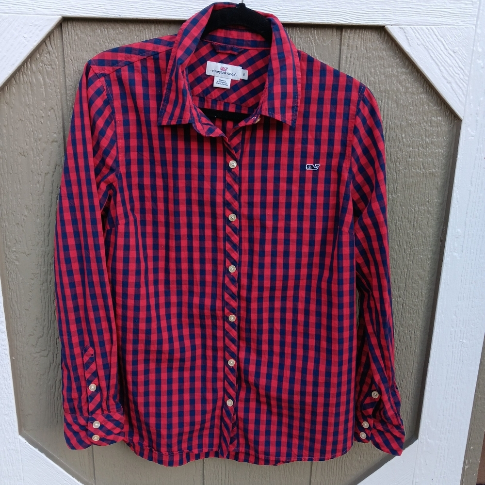 VINEYARD VINES Women's Red And Blue Striped Button-Up Shirt Size 8
